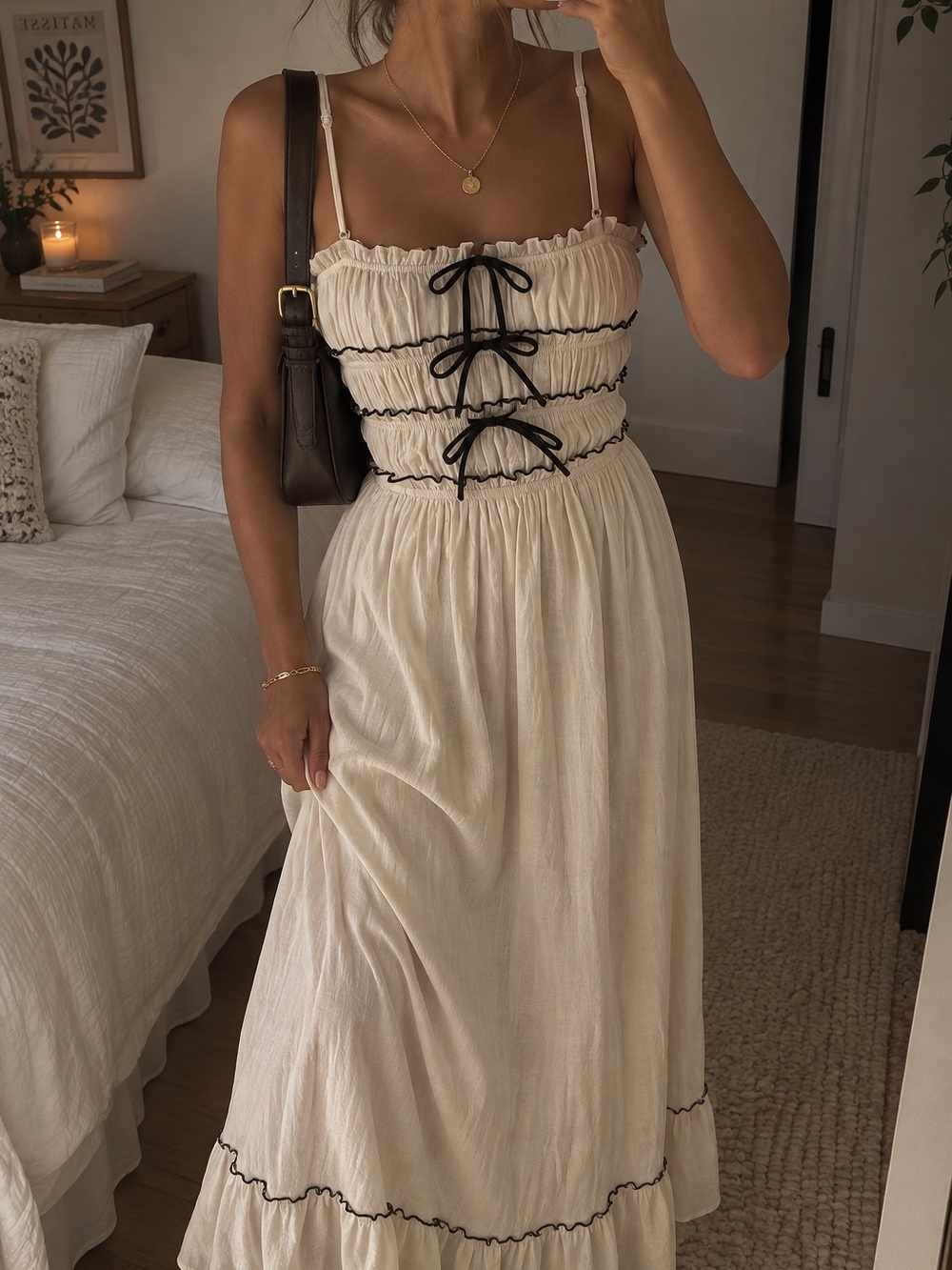 Smocked Ruffle Midi Dress with Contrast Bows - Cream